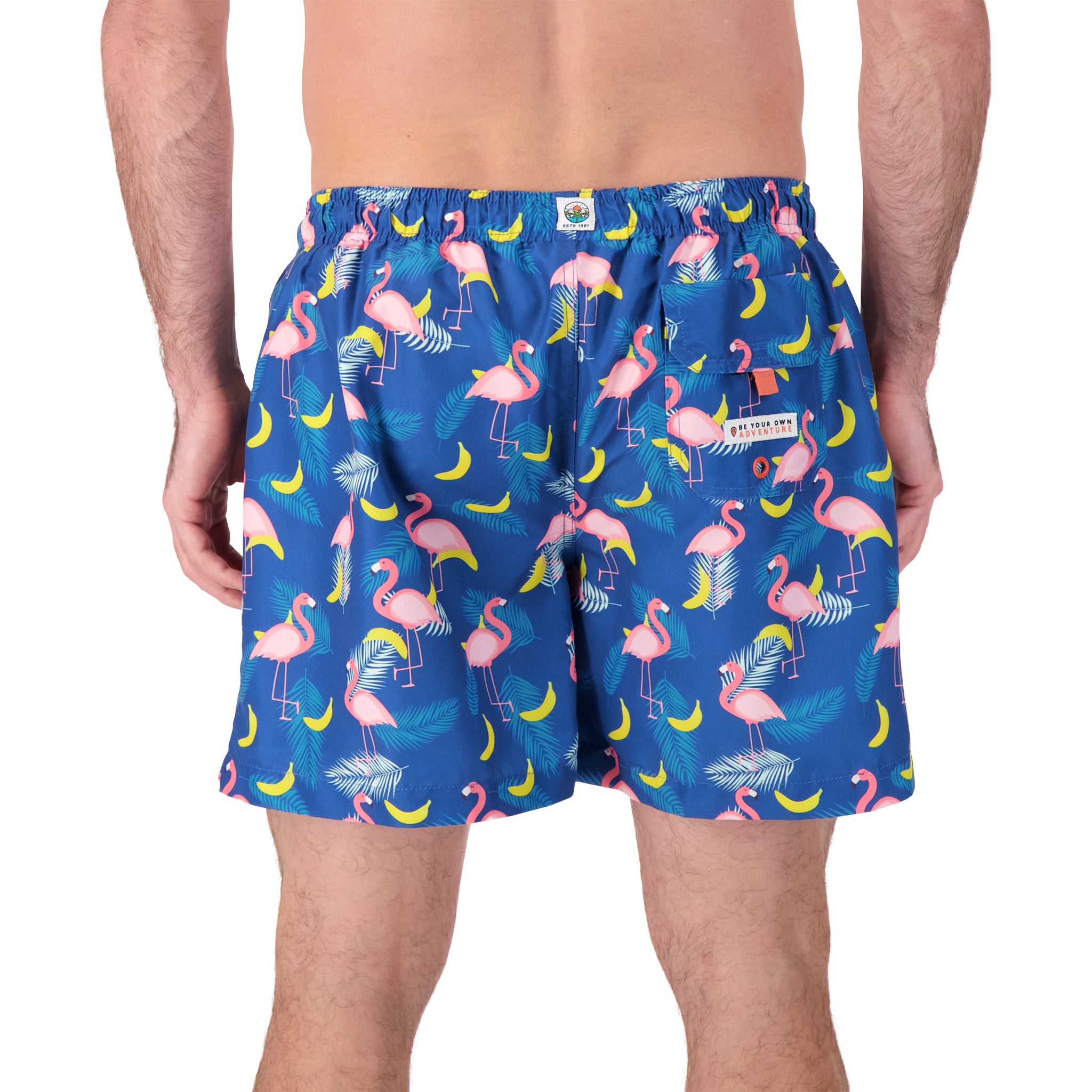 Flamingo Print Swim Trunks in Navy